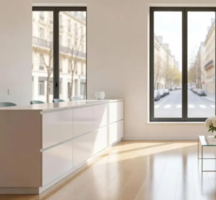 Salon moderne parfaitement rangé et lumineux après un nettoyage professionnel