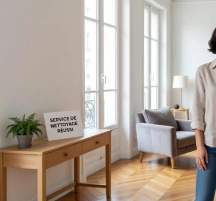 Cliente souriante dans un appartement parisien parfaitement rangé et nettoyé