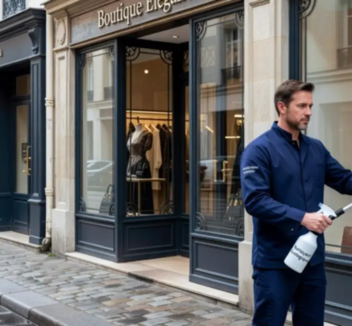 Technicien Zorevvia nettoyant la vitrine d'une boutique française